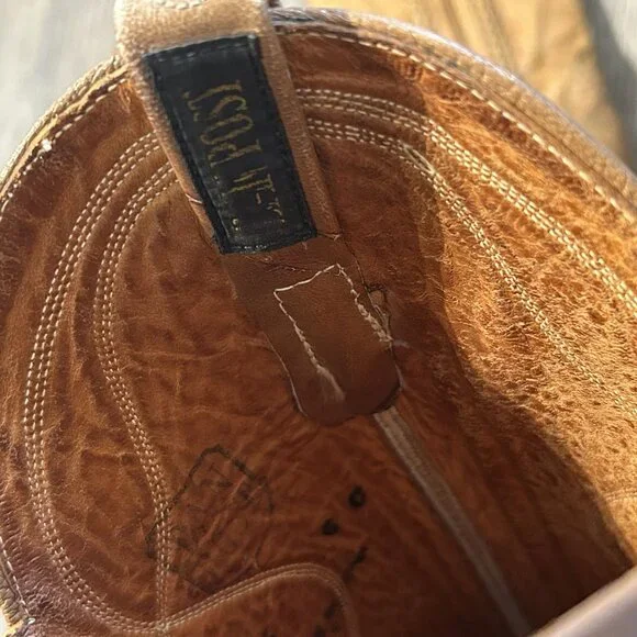 Vintage Dan Post Size 6 C Cowboy Knee Boots Made in Spain Tan Braided 4115 - Picture 15 of 16